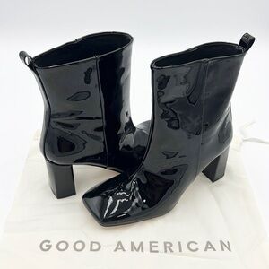 GOOD AMERICAN NWT BLACK PATENT LEATHER ANKLE BOOT SQUARE TOE WITH DUST BAG SZ6.5